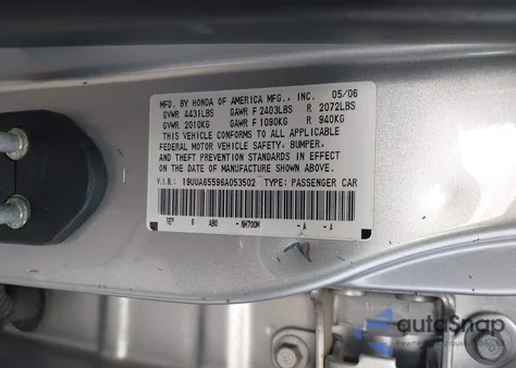 2006 Acura Tl z USA, uszkodzony, nr VIN 19UUA65596A053502